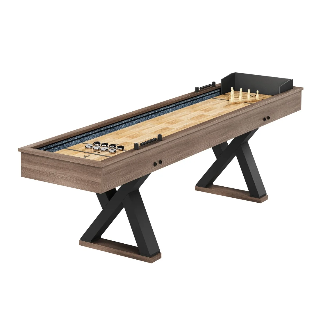 9FT Shuffleboard Table, 2-in-1 Shuffleboard & Bowling Combo Game Set with LED Light Rail, Modern Style for Home & Game Room
