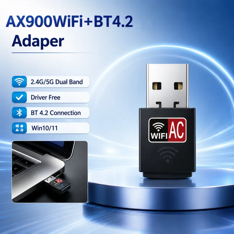 900Mbps 2.4G/5G Dual Band WiFi Adapter,BT4.2 2-in-1 Plug Play Wireless Receiver for Gaming Desktop Laptop Win10/11