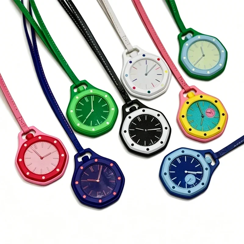 New Pocket Watch Pendant Men's and Women's Colored Candy Octagonal Quartz Movement Leather Lanyard Casual Fashion Style Gift &*&