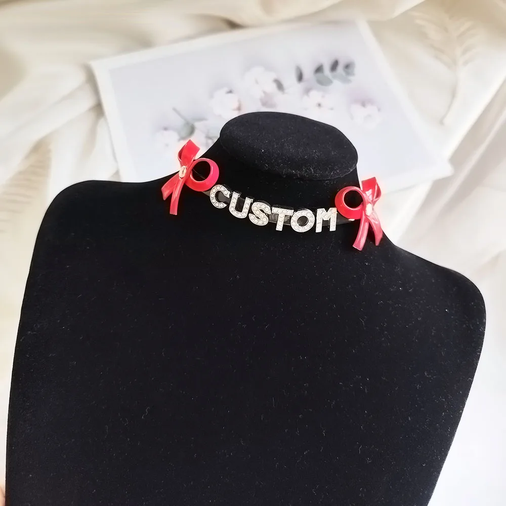 Bright Pu Leather Bowknot Choker Collar Custom Letter Name Necklace Women Girls Fashion Personalized Jewelry Gifts Black Red