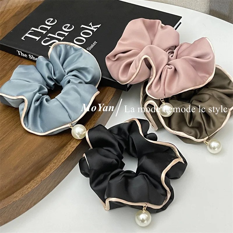 Satin Silk Scrunchies for Hair with Pearls Hairties Elastic Sweet Temperament Fashion Exaggerated Hair Band Hair Accessories