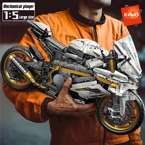 KAVOWORLD 1:5 Motorcycle Desktop Ornament Building Blocks Set 2045PCS Technic Motorbike Model Kit Sport Bike Bricks Boy Toy Gift