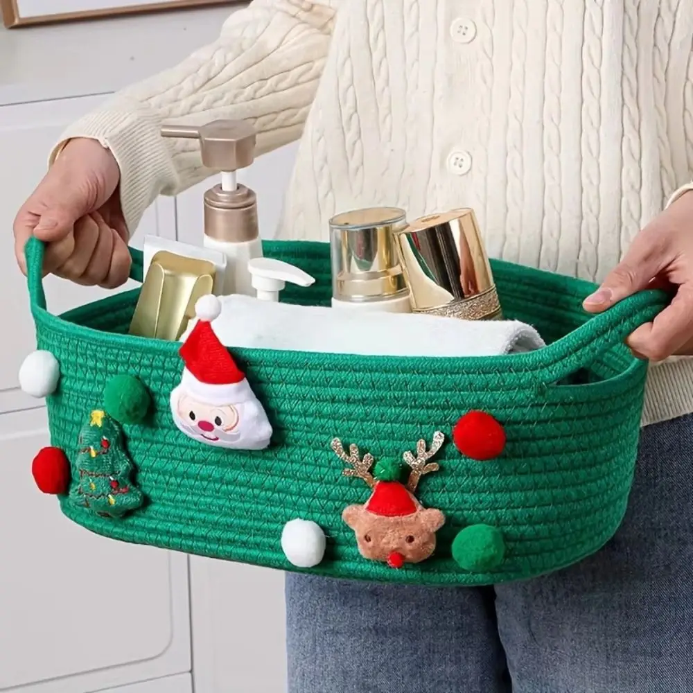 Large Capacity Christmas Gift Basket Cotton Rope Green Red Gift Storage Basket Cartoon Universal Candy Basket