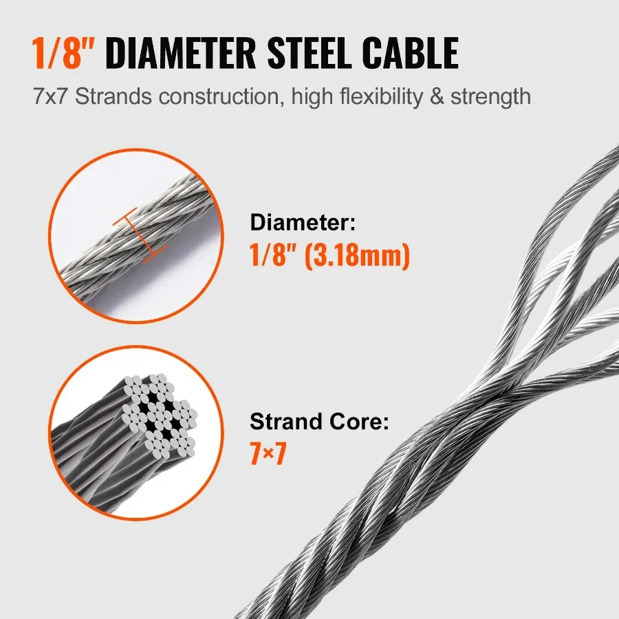 T316 Deck Railing Cable 1 8 Stainless Steel Wire Rope 300 ft with Cutter Kit 7x7 Strands Construction Marine Aircraft Grade fo