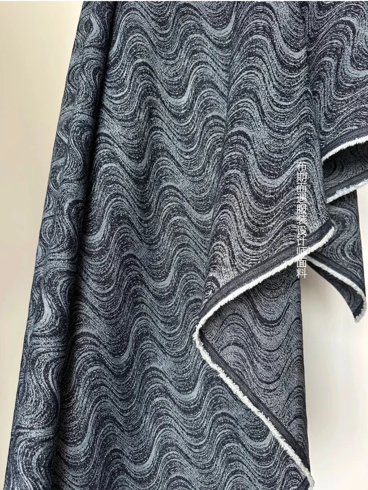 Deep Blue Water Ripple Jacquard Denim Fabric for Autumn Winter Coat Creative Fashion Designer Cloth Diy Sewing By the Meter