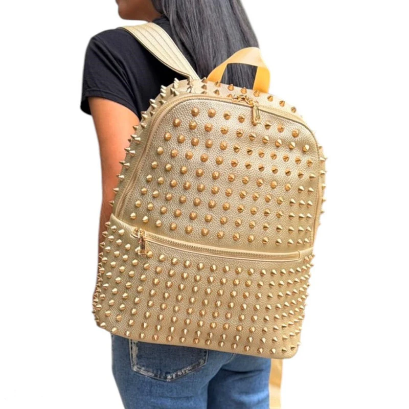 

SHELKSBAG Goth Punk Gold Backpack Women Spiked Back Pack Bag Fashion Rivet Zipper Casual High Quality Large Carryon Rucksack