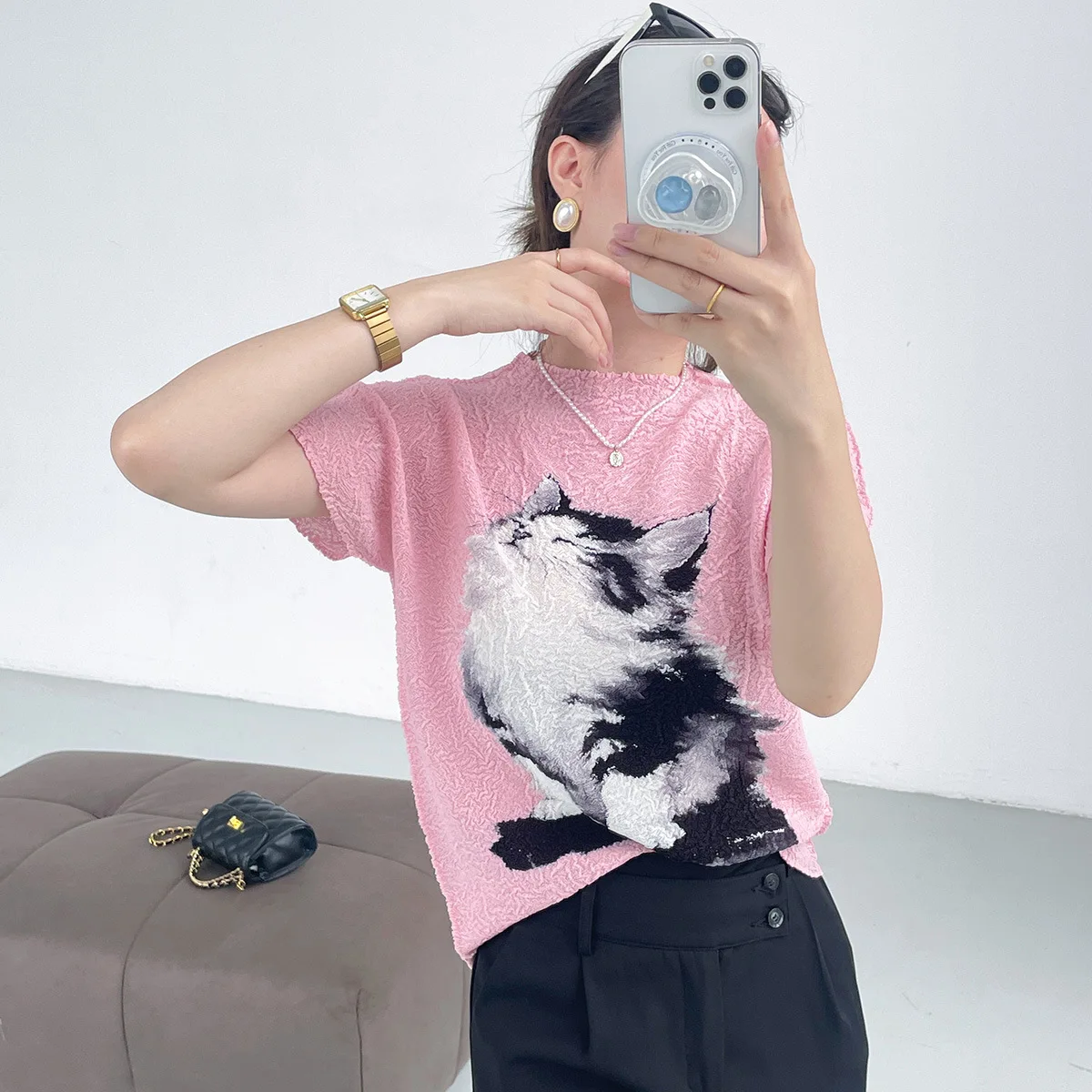 

Miyake Style Pleated Top for Women 2025 Summer New Cartoon Niche Cat Pattern Print Casual Fashion Versatile T-shirt for Women