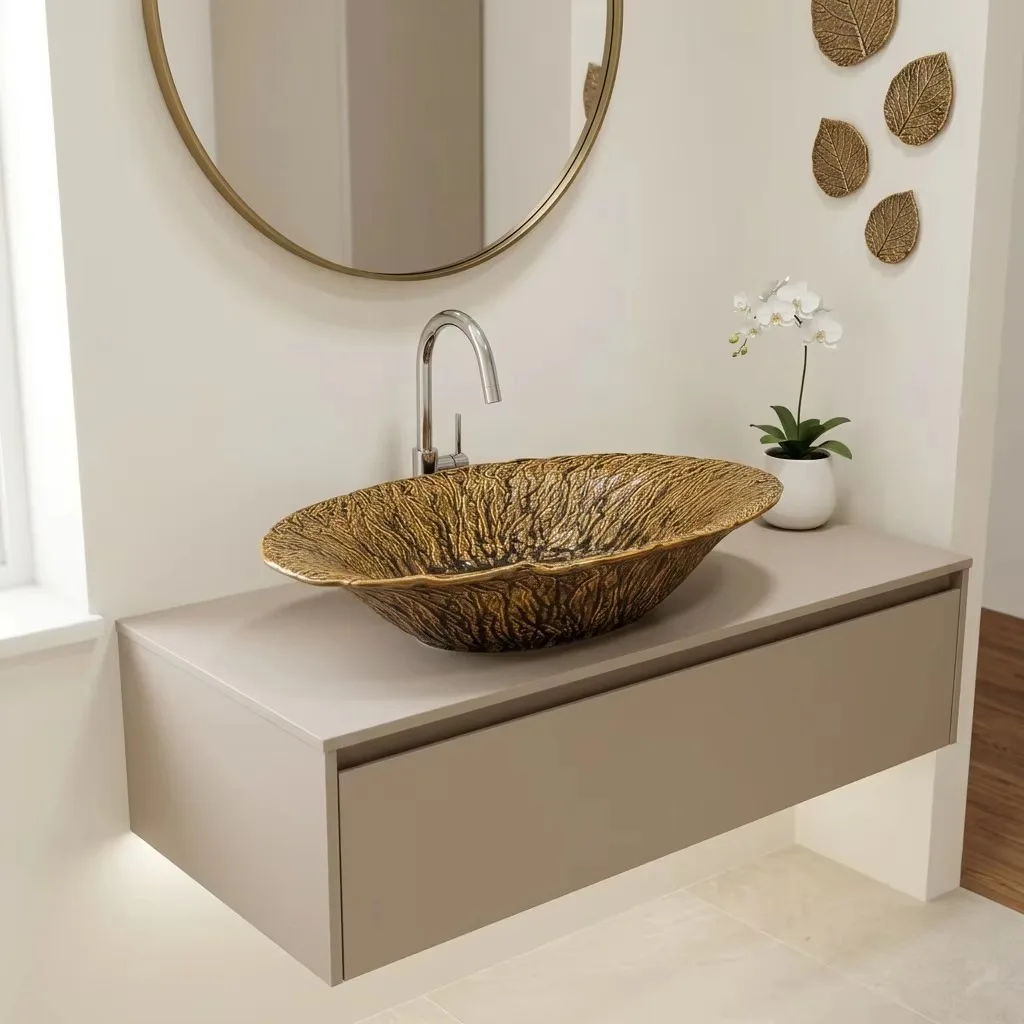 R*# Light Luxury High-End Modern Flower Basin Bronze Relief Design Eco-Friendly Ceramic Countertop Sink for Outdoor Hospital