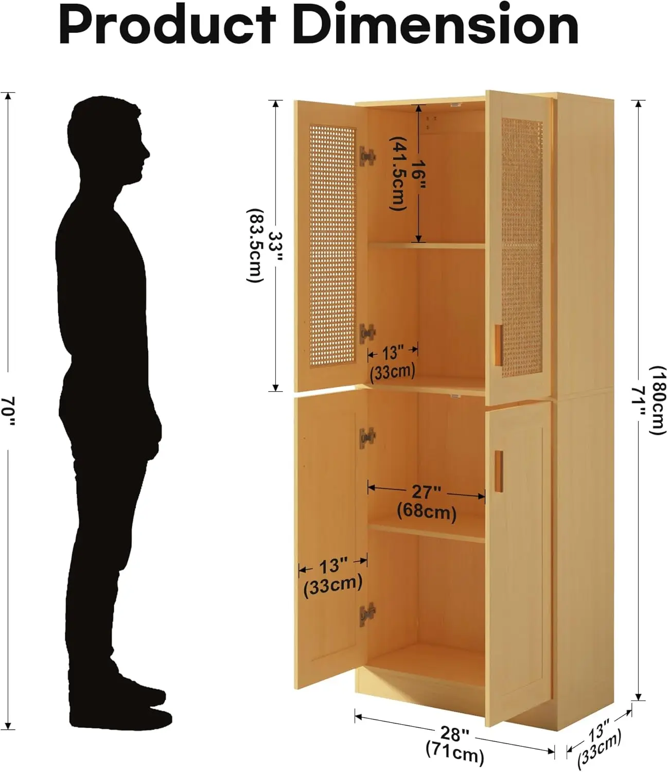 71" Tall Storage Cabinet - Rattan Kitchen Pantry Cabinet, Boho Storage Cabinet with Rattan Doors and Adjustable Shelves, Versati