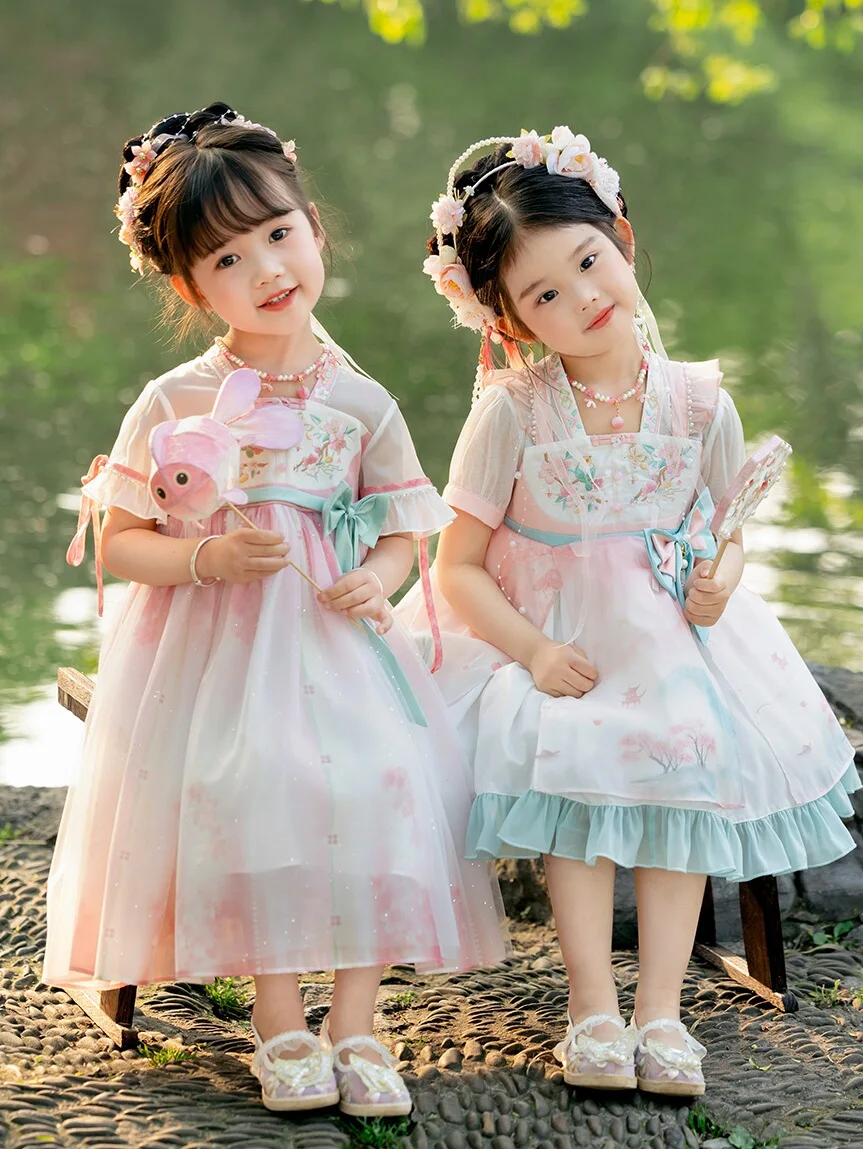 Hanfu Girls' Summer New 2024 Baby Girls' Short Sleeve Lolita Light Color Antique Embroidery High-End Dress