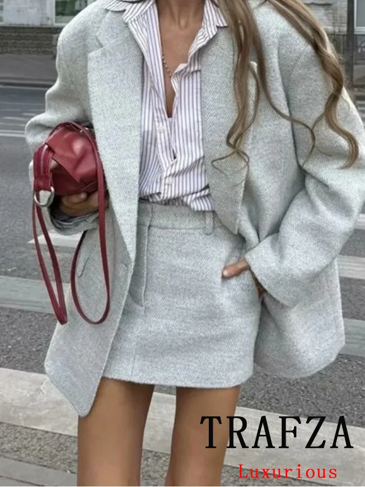 TRAFZA Vintage Office Lady Chic Suit Solid V Neck Single Button Blazer Mini Slim Skirt New Fashion 2024 Autumn Casual Chic Sets