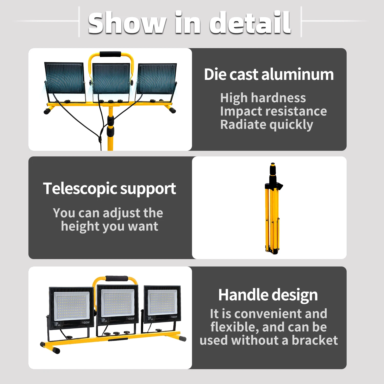 Lampes de travail 30000 lumens avec support, projecteur portable extérieur étanche, éclairage de chantier de travail réglable pour atelier de garage