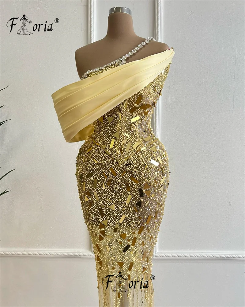 Gorgeous Dubai Pearls Mermaid Evening Dresses Gold Heavy Beads Crystals Arabic Party Gowns 2024 Formal Prom Dress Robe De Soiree