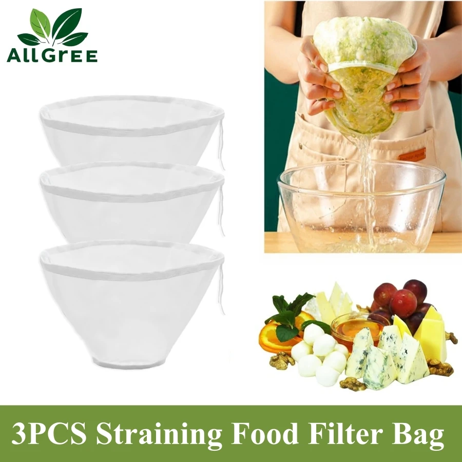 

3PCS Cheese Cloth Bags for Straining Bowl-shaped Reusable Nylon Fine Mesh Multi-purpose Food Filter Bag for Nut Milk, Juice, Soy