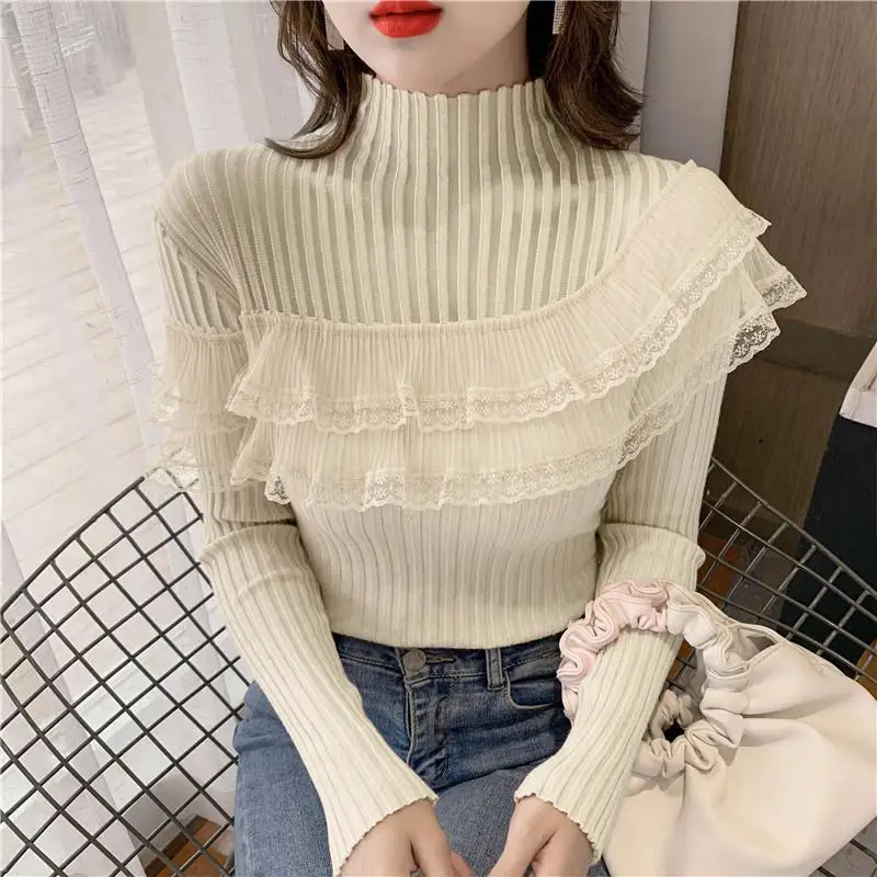 Elegant Turtleneck Hollow Out Ruffles Lace Blouse Female Clothing 2023 Autumn Winter New Casual Pullovers Sweet Shirt