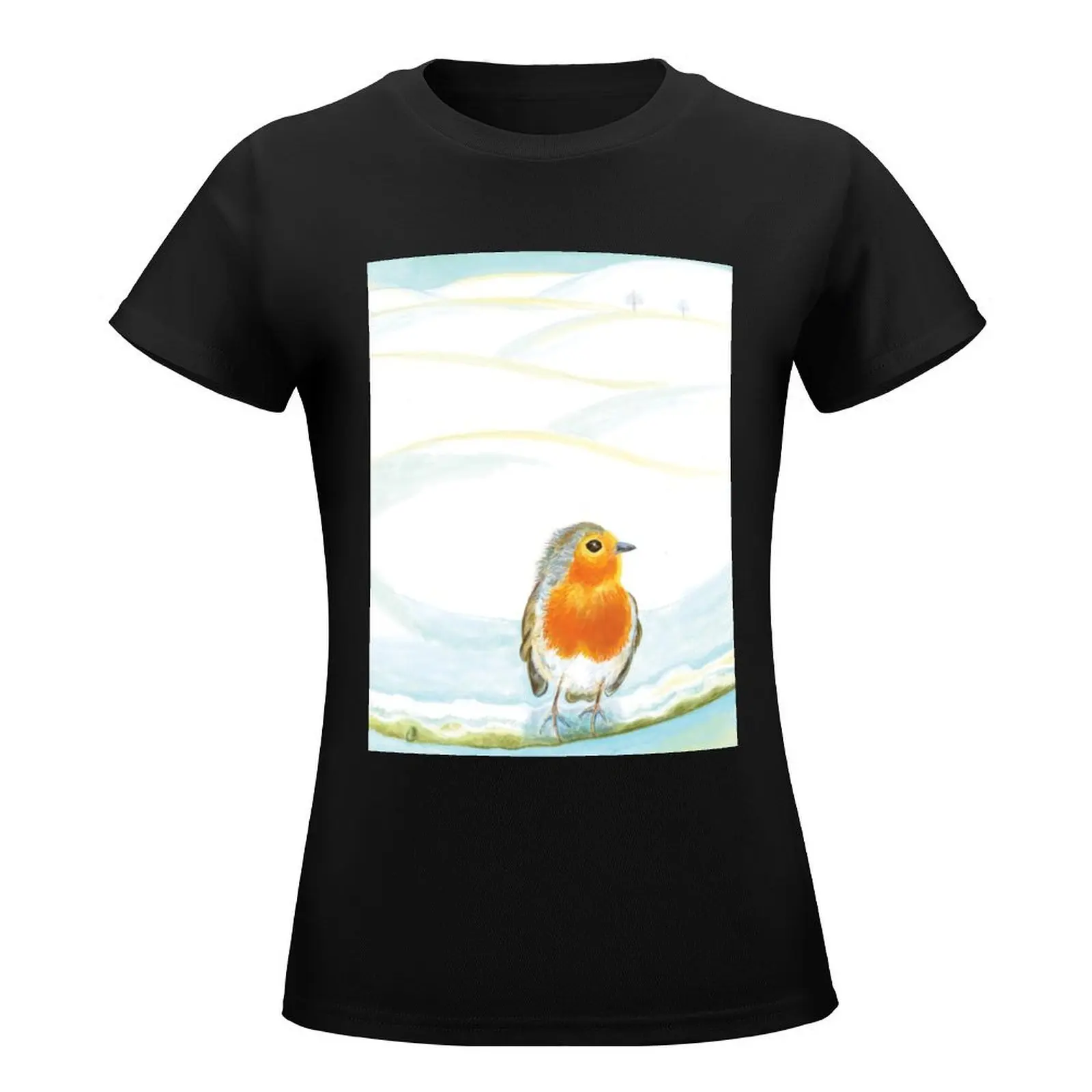 Red Robin in Winter Illustration T-Shirt blanks anime customs cute clothes Women's tops