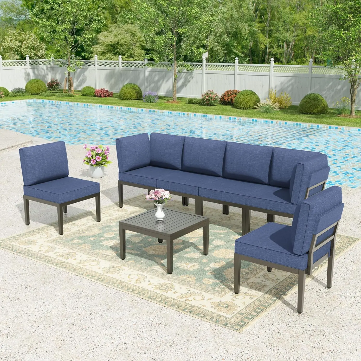

7 Pieces Metal Modern Outdoor Furniture,Outdoor Sectional Sofa w/5.1" Cushions and Coffee Table for Patio,Backyard,NavyBlue