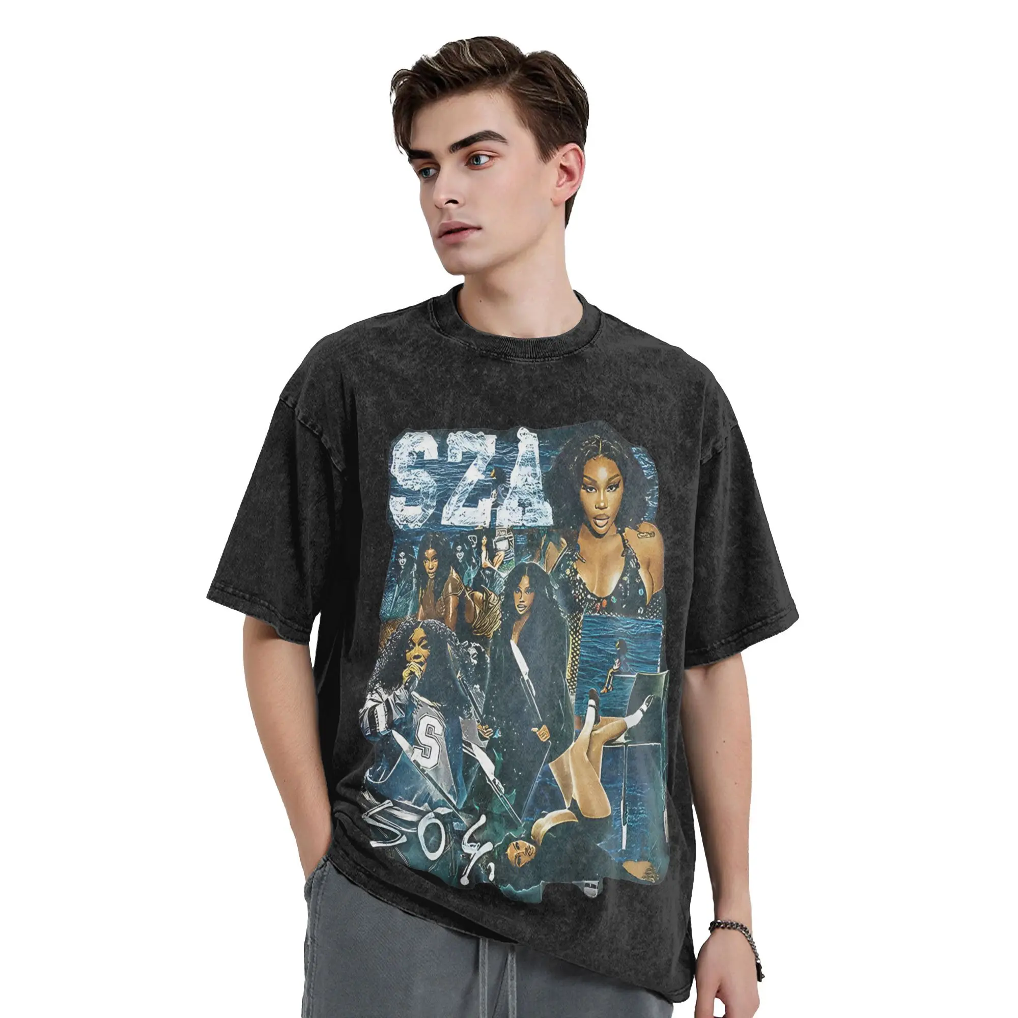 Vintage SZA SOS T Shirts Hip Hop Washed Short Sleeve Harajuku T-Shirt Punk Music Rap Retro Tops Streetwear Graphic Printed Tees