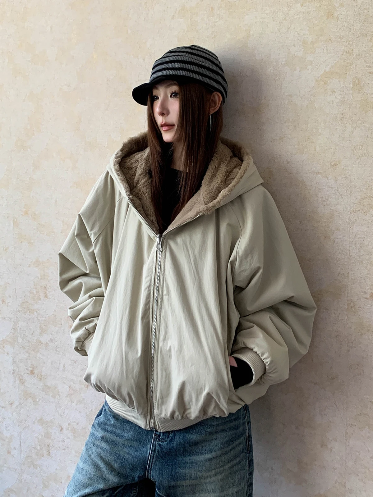 

Зимняя двусторонняя куртка-пальто Aket с капюшоном, хлопковая, женская, свободного кроя, на флисовой подкладке, в стиле Lazy Simple