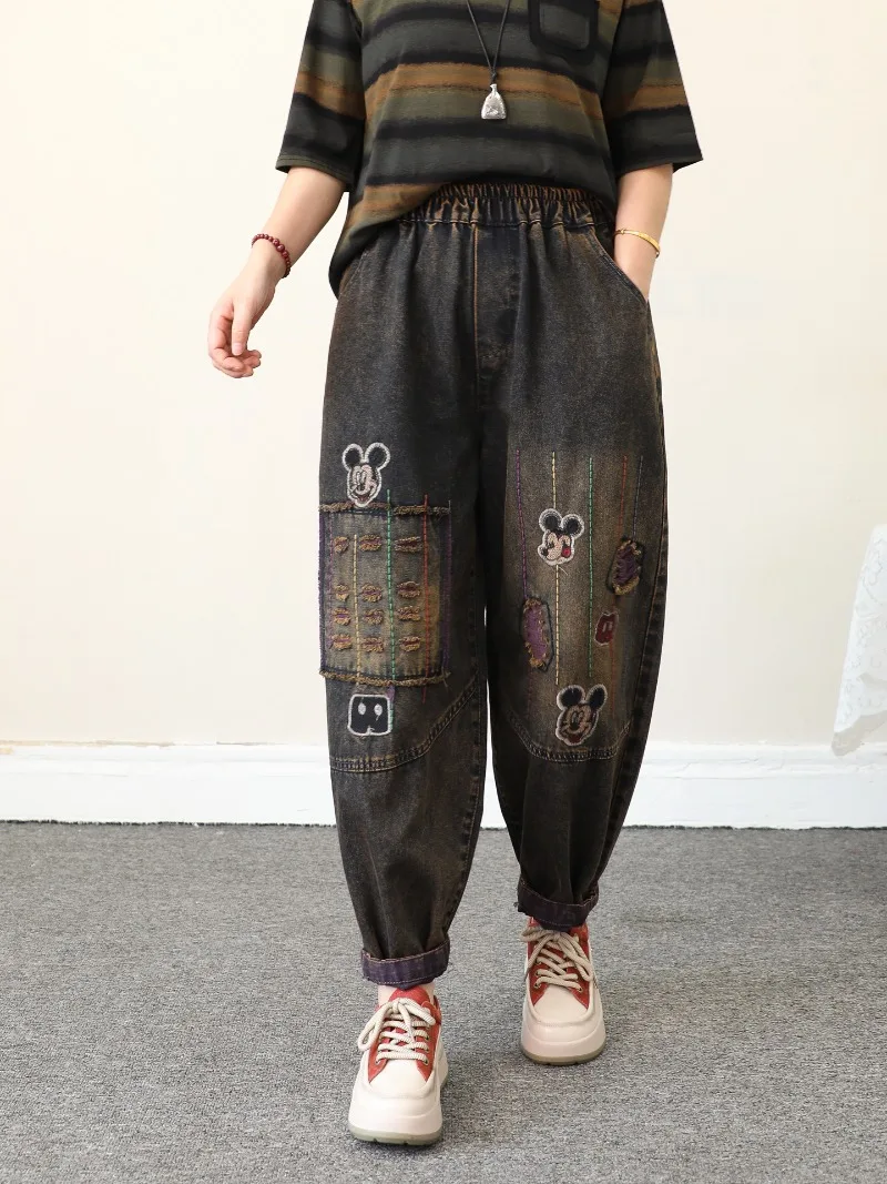 Jean brodé de dessin animé pour femmes, ligne colorée, ample, surdimensionné, amincissant, déchiré, sarouel court, nouveau pantalon en Denim, automne