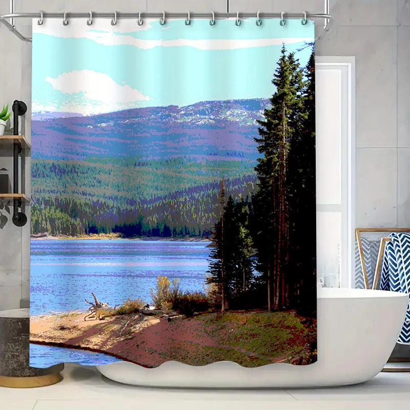 

Rustic Lakeside Shower Curtain Nature Forest Mountain Print Watercolor Style Bathroom Decor Blue Pink Green Colorful Bath Mat Li