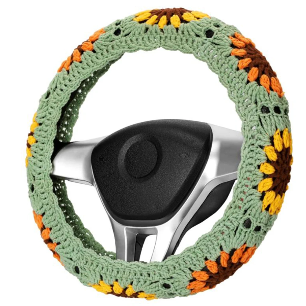 Artfully Designed Crochet Steering Wheel Cover Highlighting a Beautiful Flower Pattern for Personal Touches in Cars