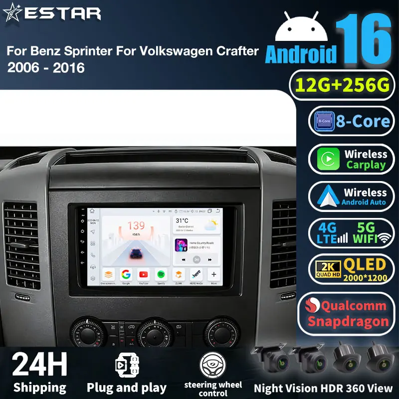 Android 16 For Mercedes Benz Sprinter For VW Crafter Auto Radio Player Carplay Car Wireless BT Head Unit 4G 5G WIFI GPS Video BT