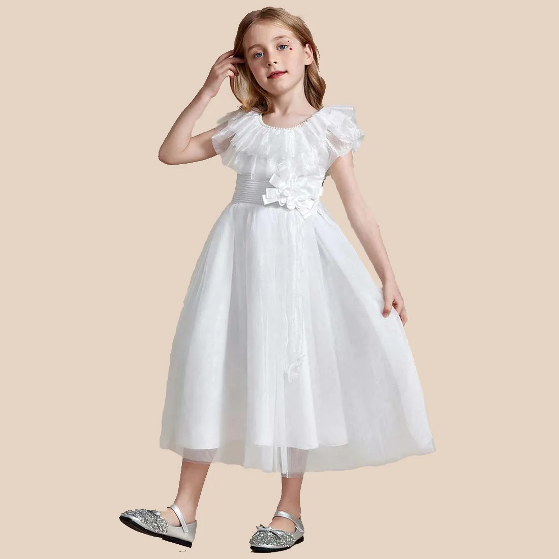 Yzymanualroom ชุดเดรสผู้หญิงลายดอกไม้ Tulle พร้อมโบว์ Charming คอกลม2-15T