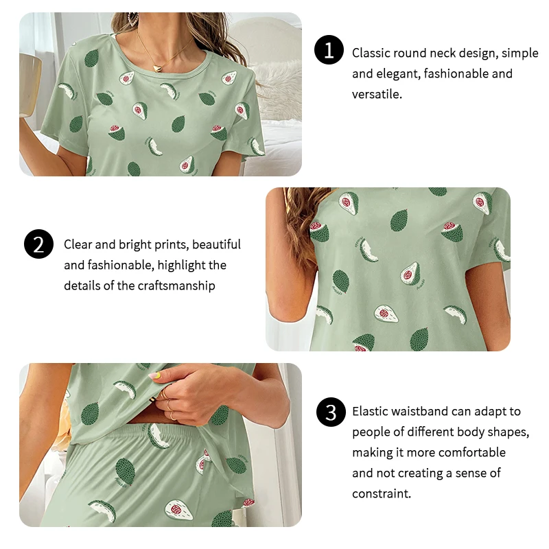 Women\'s Home Clothes 2023 Autumn New Pajamas Set Avocado Pattern Printing Short Sleeve T Shirt Long Pants Sleepwear 2 Piece Sets