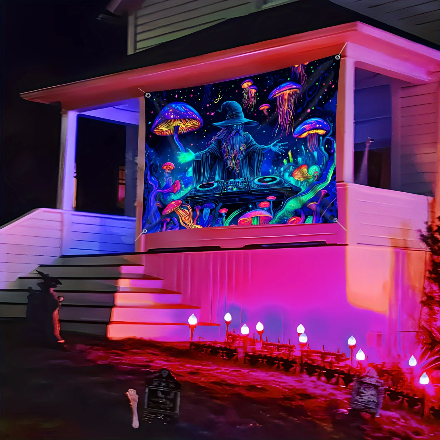 VIKAMA Trippy DJ Wizard Tapestry Glowing Mushroom Jellyfish Wall Hanging Psychedelic Backdrop Blacklight Party Bedroom Decor