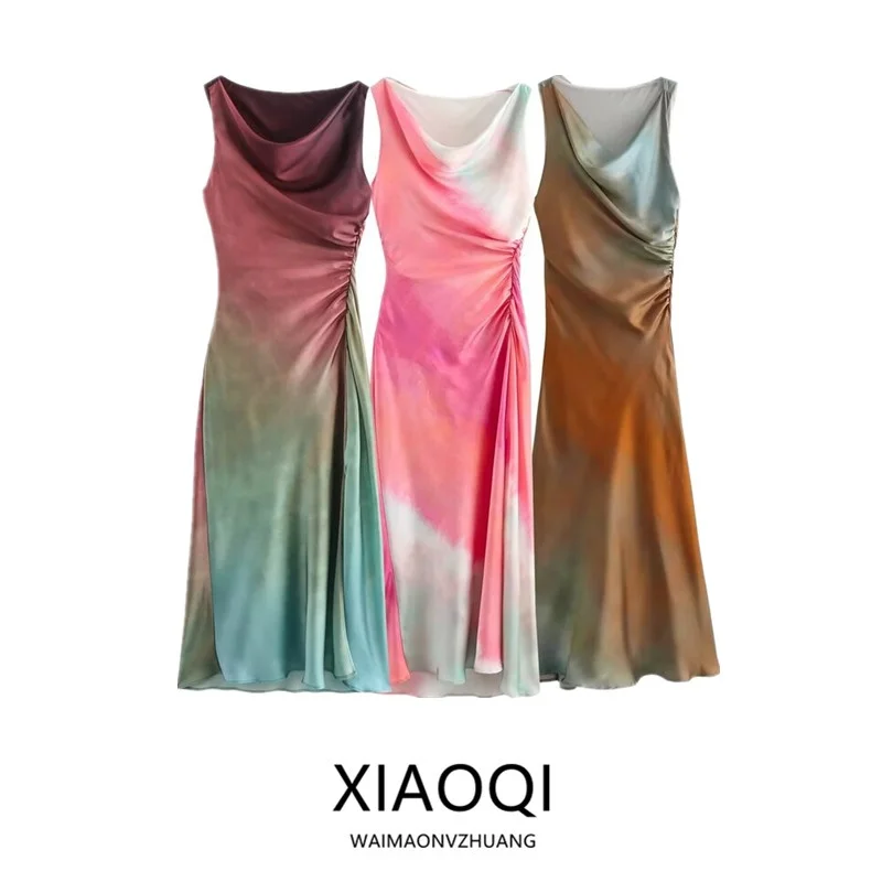 Estate 2024 Midi Dr da donna Stampa tinta stropicciata Stampa floreale Split 00% Altro materiale Svel Ele Sle Casual Pezzo singolo