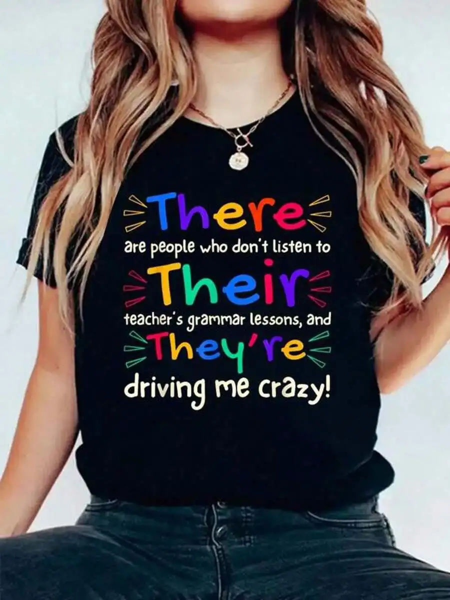 Women's Casual English Teacher T-Shirt, Crew Neck Short Sleeve Tee With 