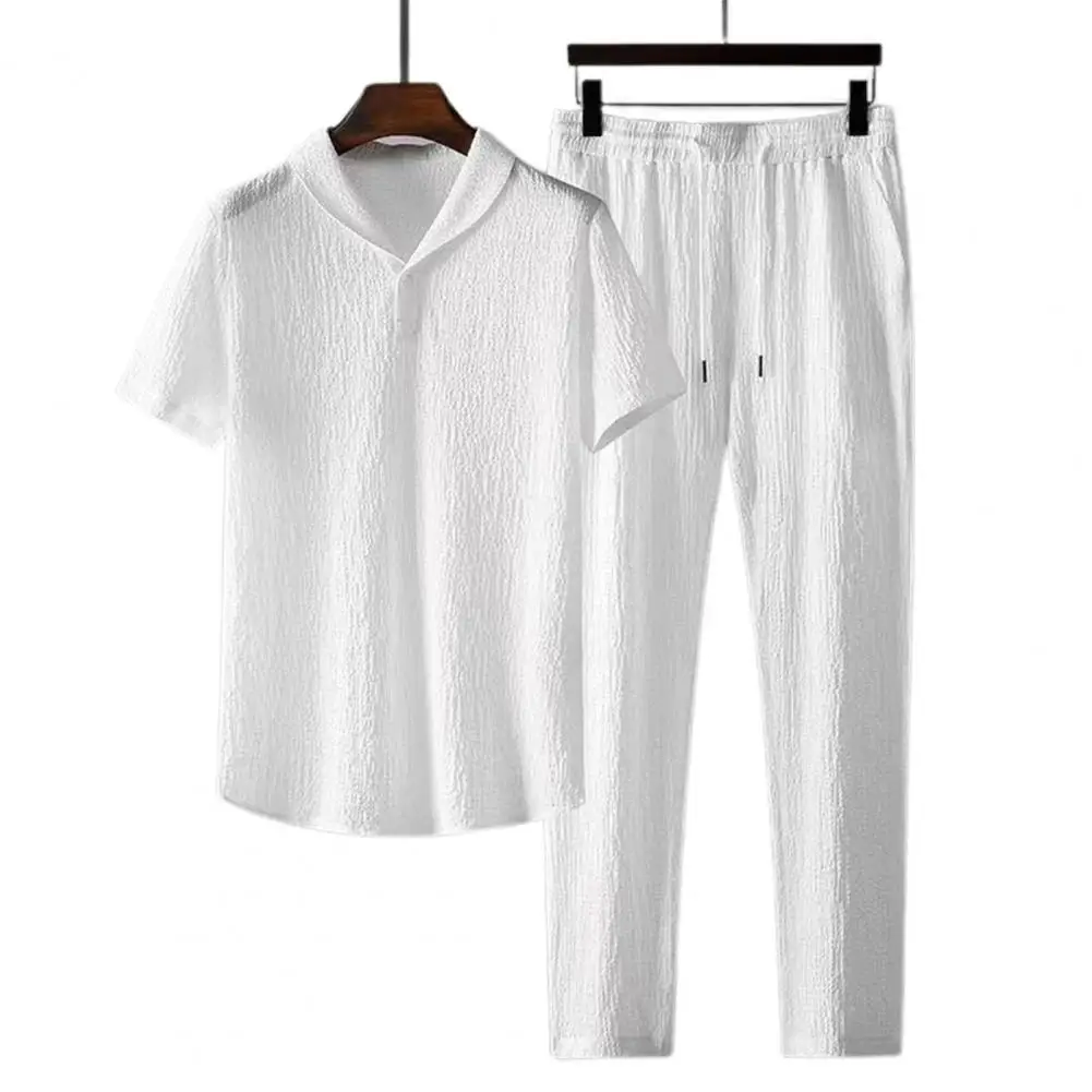 2Pcs/Set Summer Men\'s Suit Elastic Waistband Pleated Casual Outfit Men Business Short Sleeve Shirts Long Pants Set Male Clothing