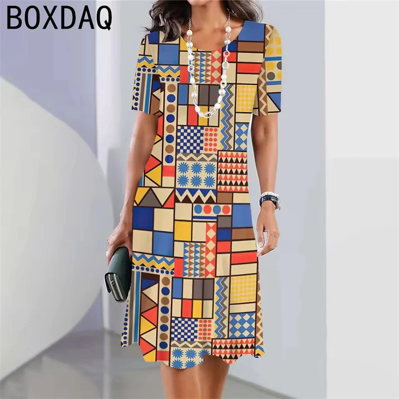 3D Art Geometric Pattern Print Dress Vintage Elegant A-line Dress Big Size 3XL Female Short Sleeve O-Neck Casual Dress Vestidos