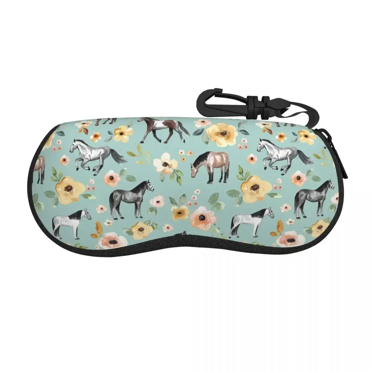 Horses With Flowers, Sunrise Floral, Blue, Horse Decor Shell Glasses Case Protector Sunglasses Box Women Men Eyeglass Bag Pouch