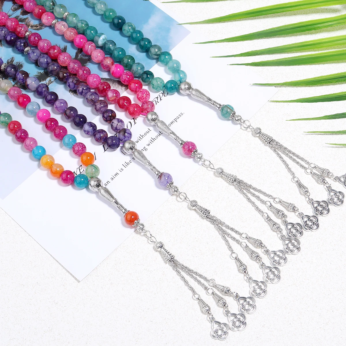 OAIITE 33pcs 10mm Agates Rosary Muslim Prayer Hand String Tassel Pendant Islamic Meditation Spiritual Tasbih Prayer Bracelet