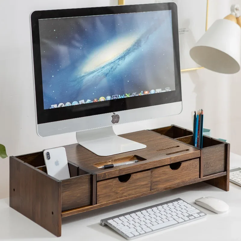 

Solid Wood Computer Monitor Riser Desktop Neck Support High Desk Organizer Office Stationery Storage Rack