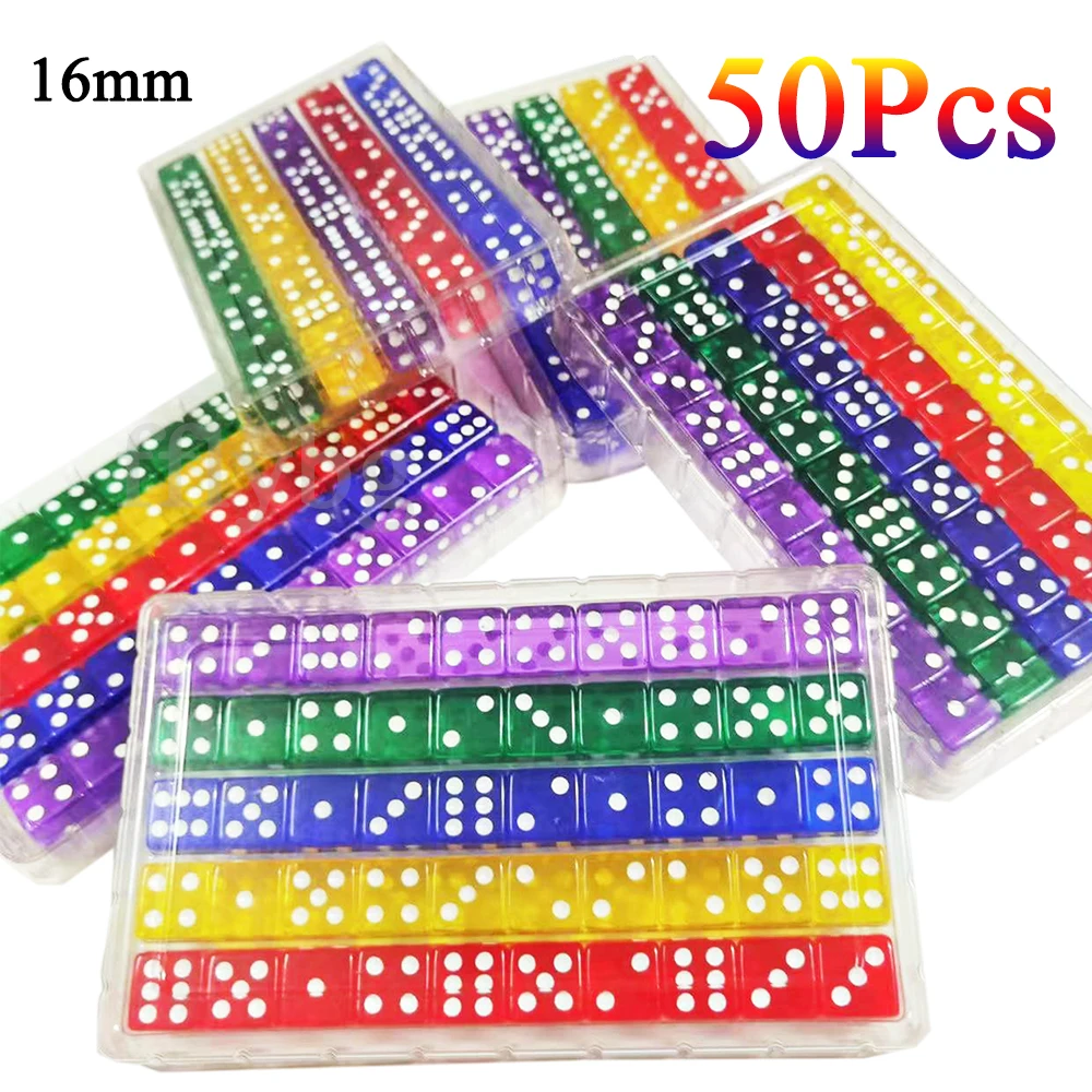 50PCS/Set 6 Sided Dice 16mm D6 16 Transparent Color Acrylic Square Corner Cube Digital Dice For Table Board Games Party DND