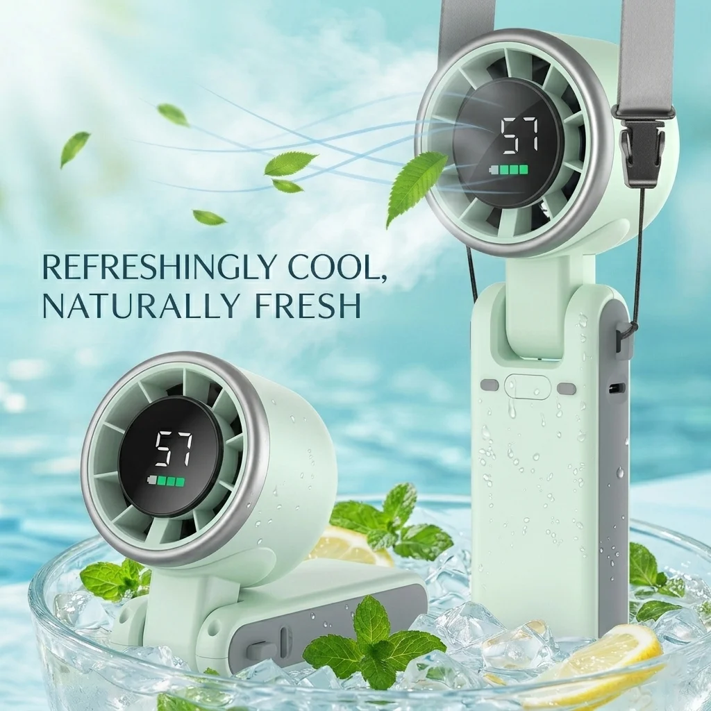 5 Gear Wind, USB-C Rechargeable Fan,Portable Handheld Turbo Fan, Up to 12 Working Hours, 3 IN 1 Hand Fans with Air Turbo Tech Cooling Fan for Outdoor Activities, Travel, Beach (Green)