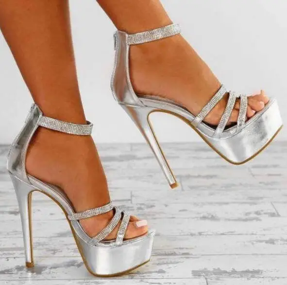 

Сексуальные женские серебристые, золотые кожаные блестящие летние сандалии на платформе с блестками и застежкой-молнией сзади на тонком каблуке