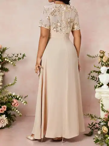 Elegant Plus Size Sequin Embroidered Floral A-Line Long Dress For Party Wedding Guest
