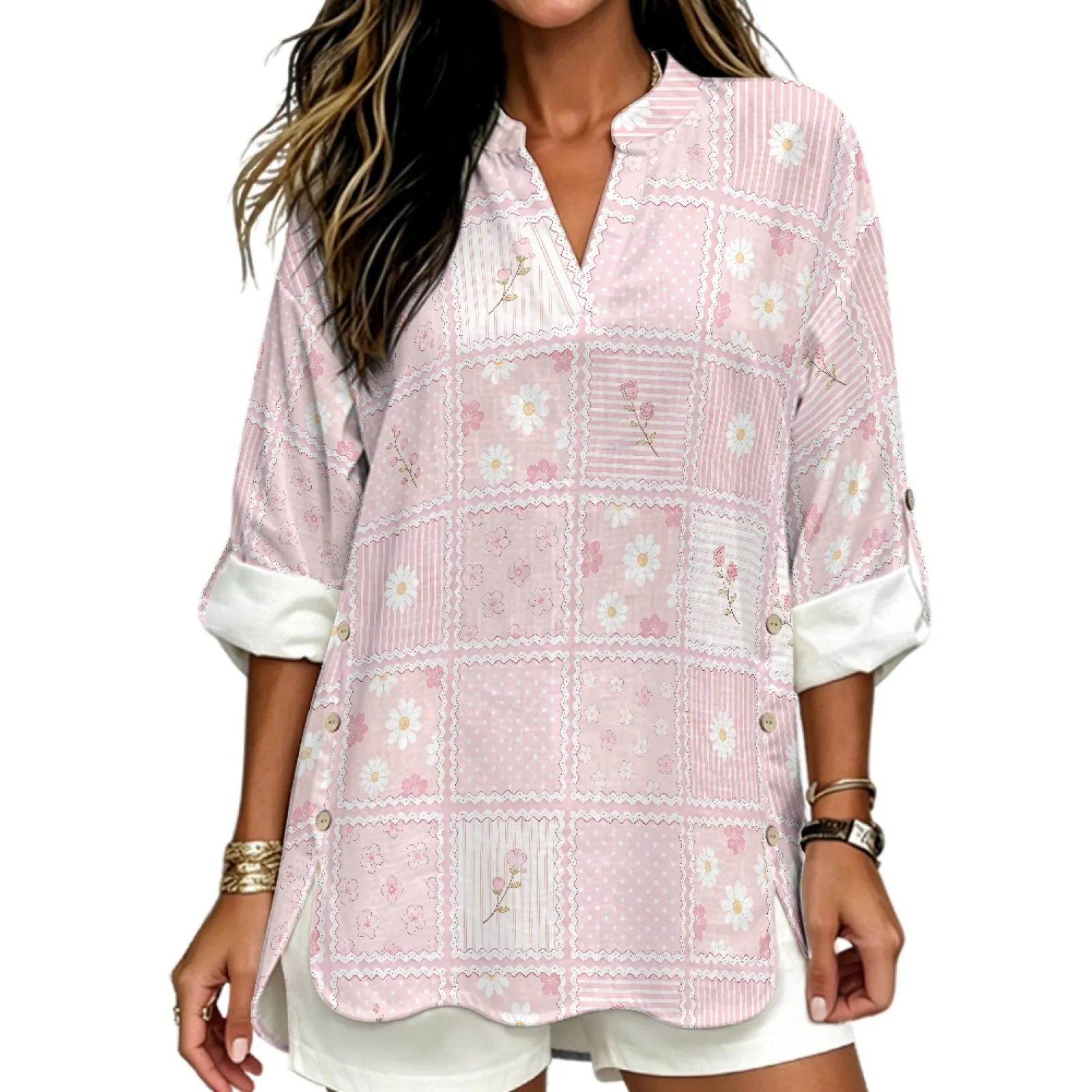 PENSTROLL Pink Floral Patchwork Side Slit Casual Blouses for Travel Linen Like V Neck Blouses Sizes S-5XL