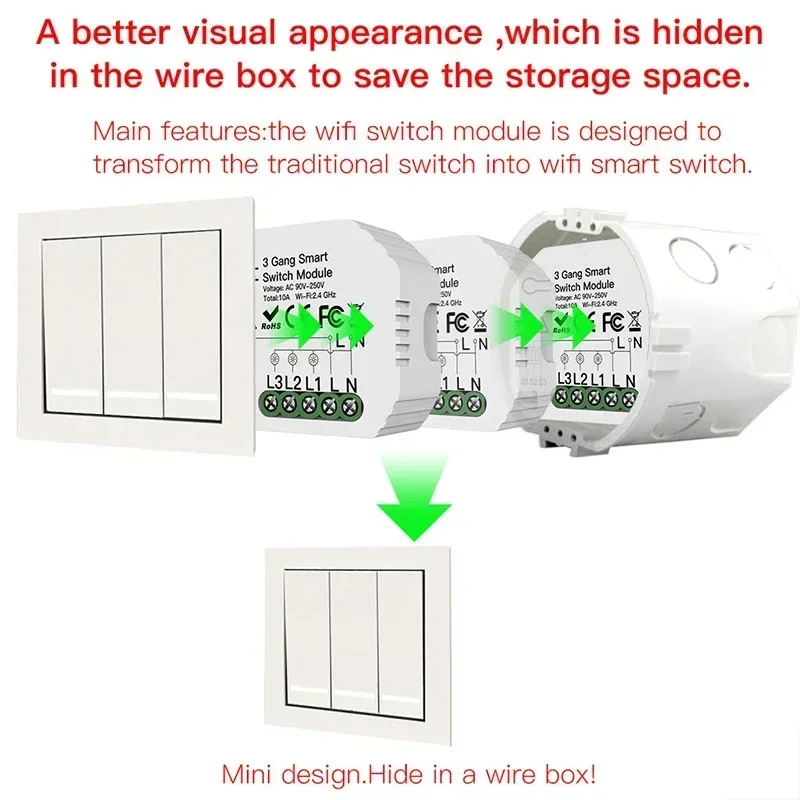 3-Gang Mini DIY WiFi Smart Light Switch Module, 1/2 Way Smart Life/Tuya APP Switch Breaker Relay, werkt met Alexa Google Home