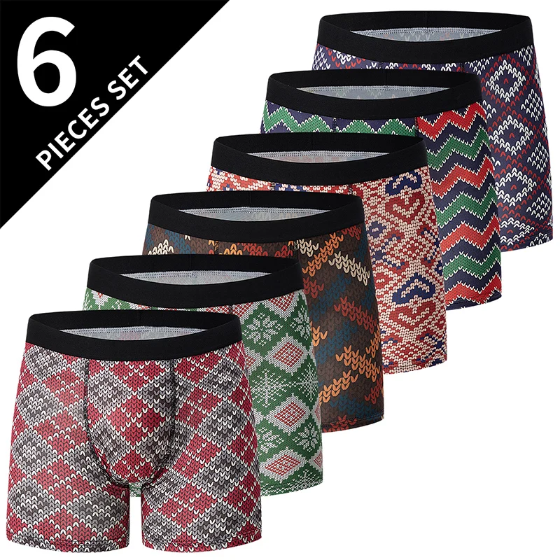 6-Pack men\'s fashion print sports long boxer briefs comfortable and breathable stretch shorts plus size beach underwear for teen