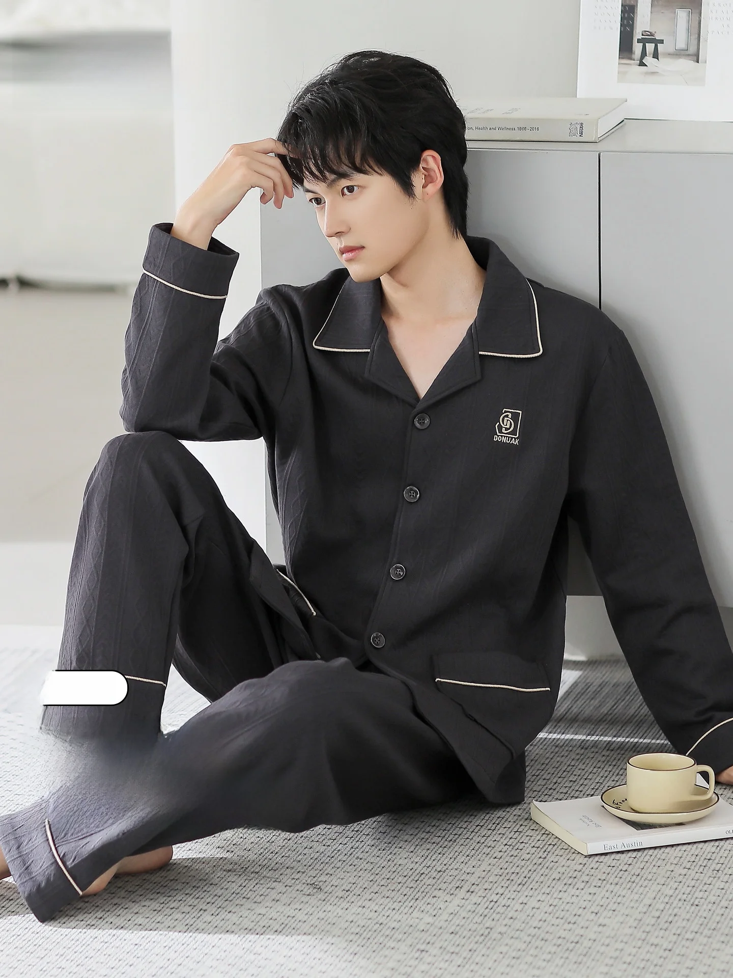Men's Thickened Cotton Pajamas Breathable Air Layered Warm Home Clothes Long Sleeve Sleepwear Soft Knitted Fabric for Autumn ...