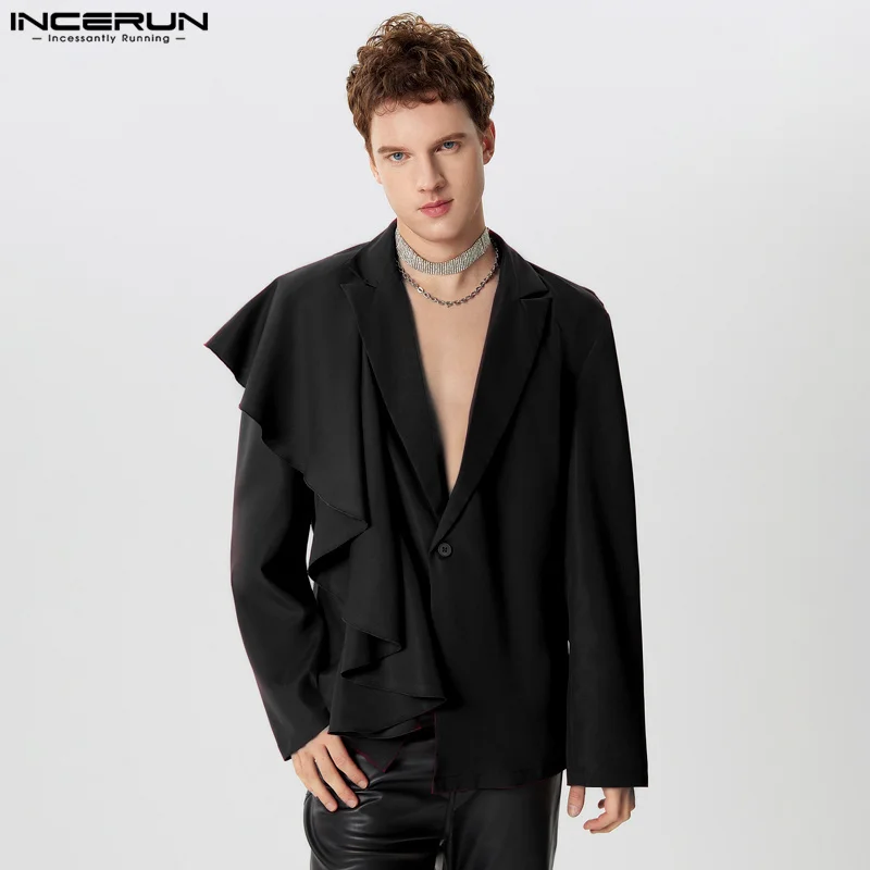 INCERUN Men Irregular Blazer Solid Color Lapel Long Sleeve One Button Casual Suits Men Streetwear Ruffle 2024 Fashion Thin Coats