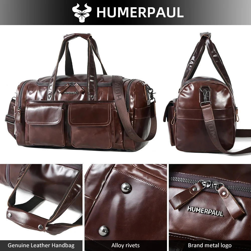 Vintage Genuine Leather Men's Duffle Bag Large Capacity Travel Weekend Bag with Multi Pockets for Business Trips