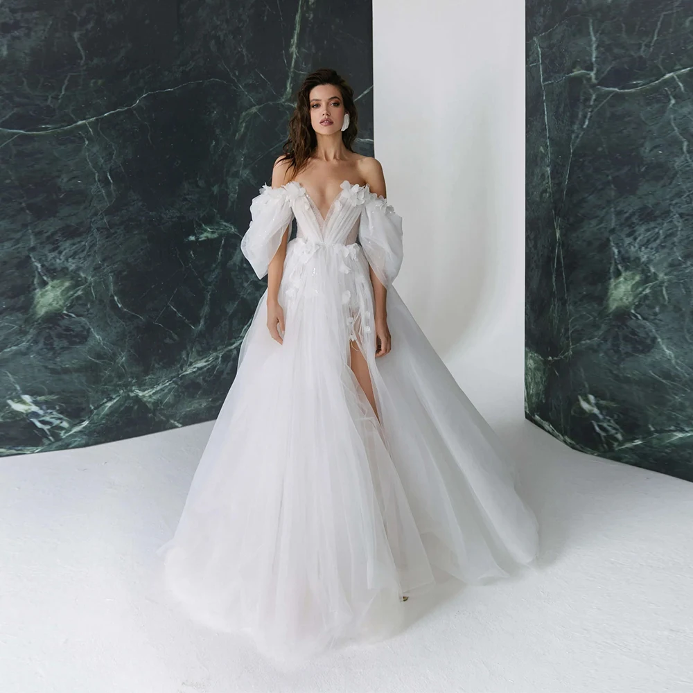 Elegante 3D Bloemen Boho Trouwjurken Met Afneembare Mouwen Sexy V-hals Uit De Schouder Strand Bruidsjurken Aangepaste 2025