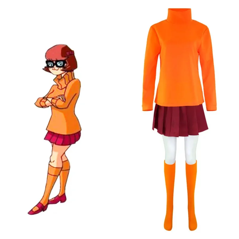 Anime Velma Cosplay Kostuum Film Karakter Oranje Uniform Halloween Kostuum Voor Vrouwen Meisjes Cosplay Kostuum Pruik