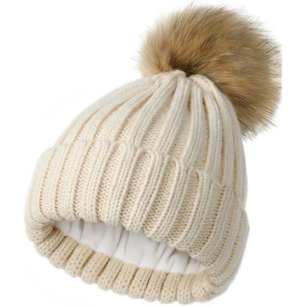 Ladies Knitted Wool Hat with Double Layer Fleece Lining Detachable Pom Pom Winter Ski Cap Unisex Warm Cosy Knit Hat for Women